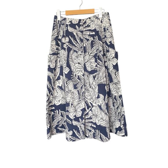 Zara Navy and White Floral Midi Skirt Pockets Cotton Size M - Picture 2 of 7